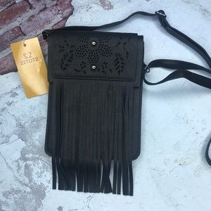 🆕Purse Laser Cut Fringe Crossbody Purse Black W/Cellphone Pocket Travel/Bag